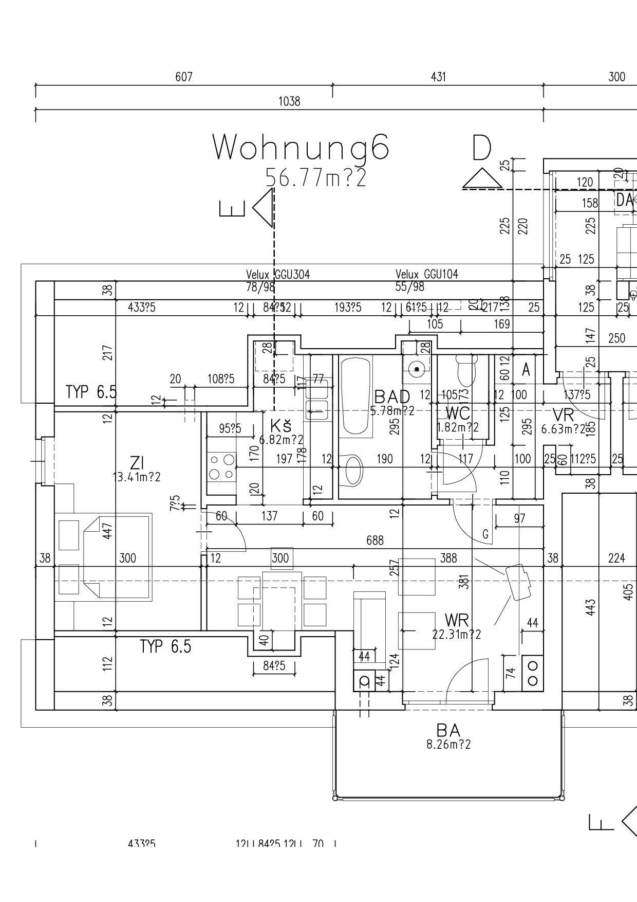 Grundriss der Wohnung 6 mit 56,77 m² Wohnfläche und Balkon.