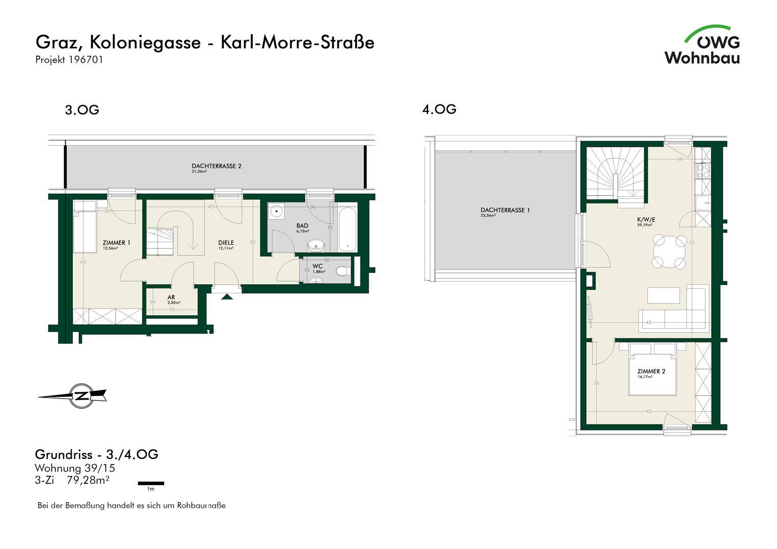 Grundriss einer Wohnung im 3. und 4. Obergeschoss mit Dachterrasse und offenem Wohnbereich.