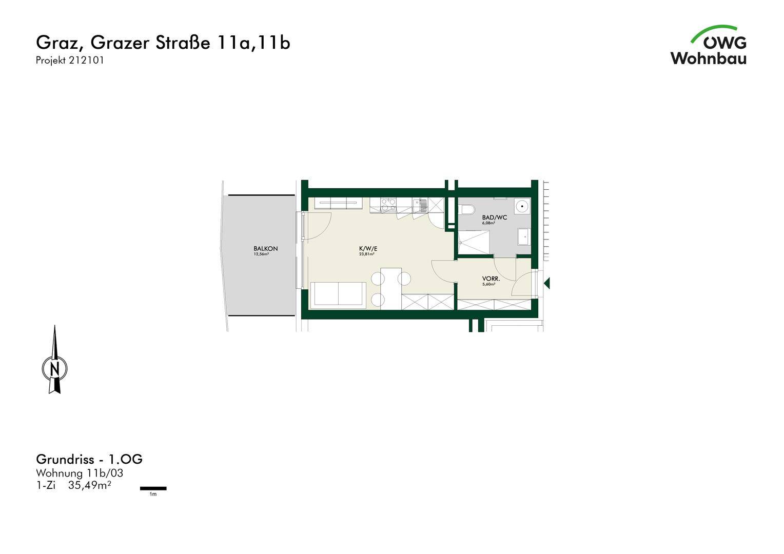 Grundriss der Wohnung 11b/03 mit offenem Wohnbereich, integrierter Küche, Bad und Balkon.