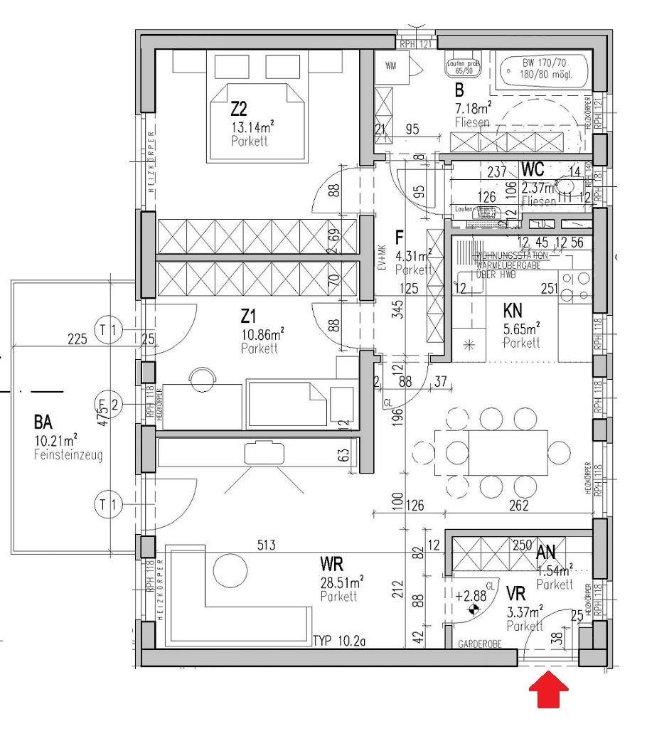 Grundriss einer modernen Wohnung mit offenem Wohnbereich, zwei Schlafzimmern und Balkon.