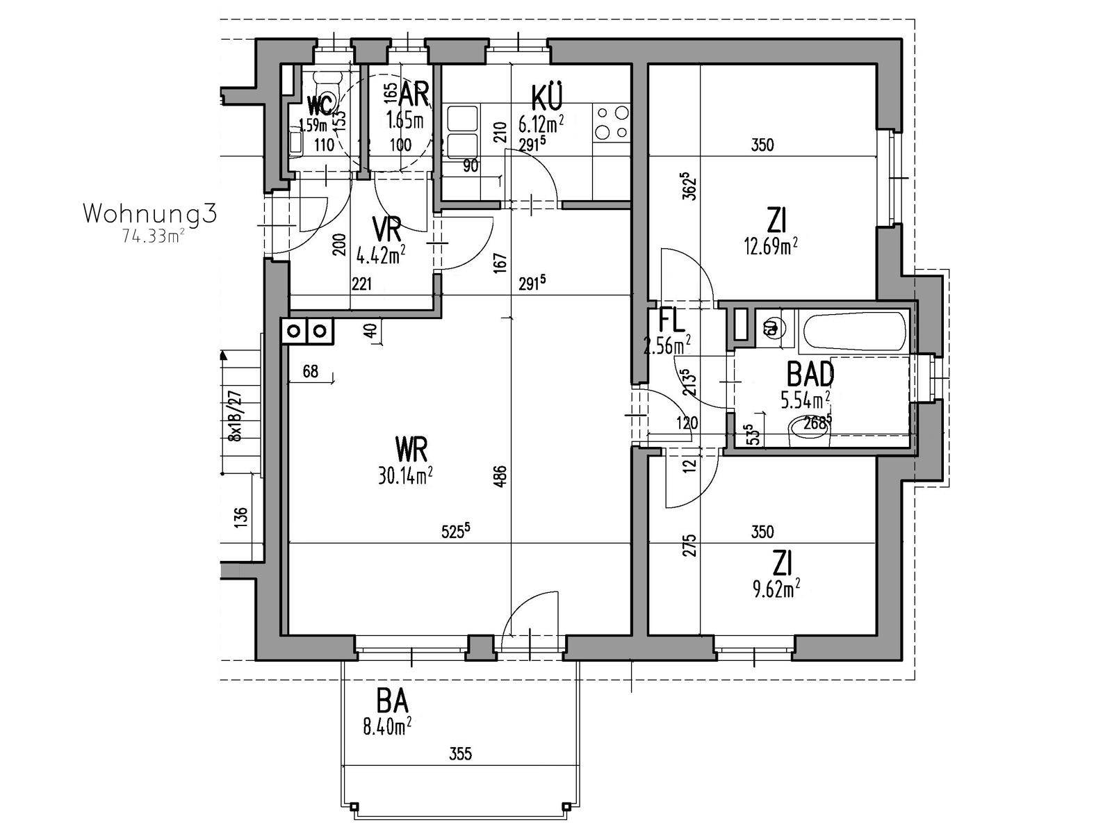 Grundriss der Wohnung 3 mit 74.33m², offenem Wohnbereich, zwei Zimmern und Balkon.