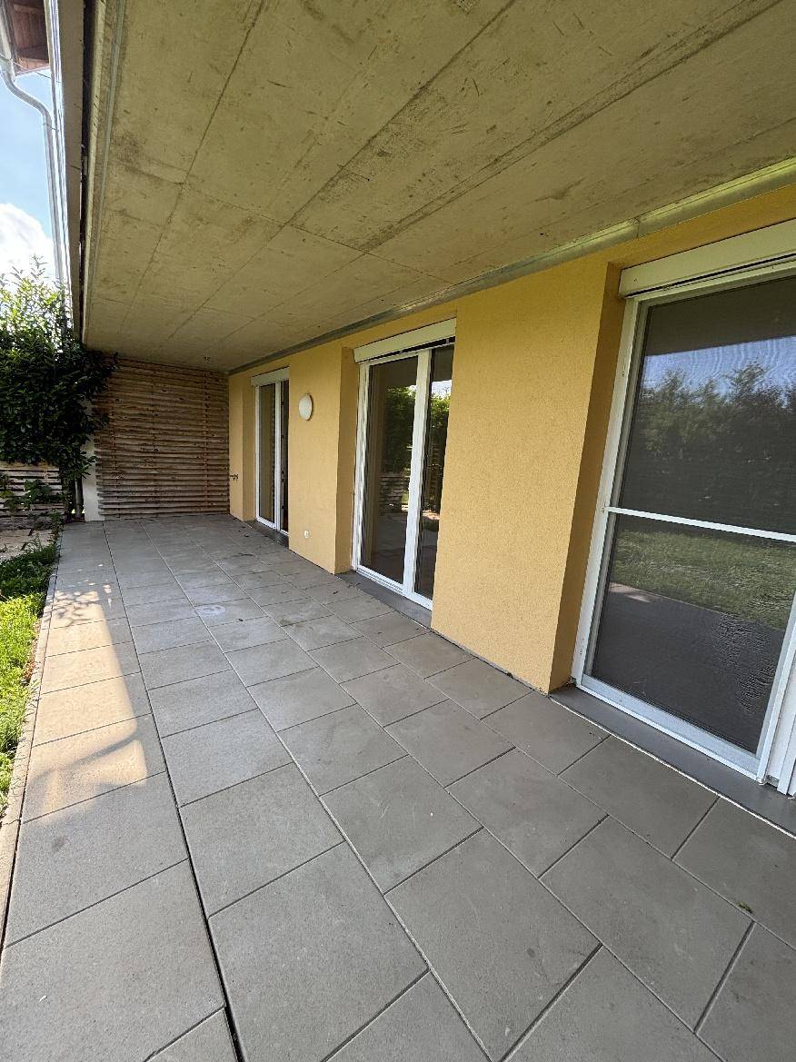 Große, gepflasterte Terrasse mit Zugang zu den Innenräumen und Blick ins Grüne.