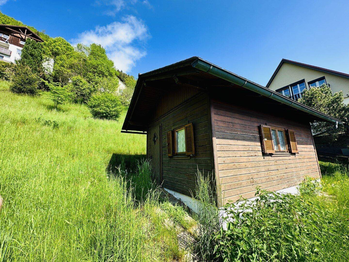 Nahaufnahme eines kleinen Holzhauses mit braunen Fensterläden, umgeben von hohem Gras unter blauem Himmel.