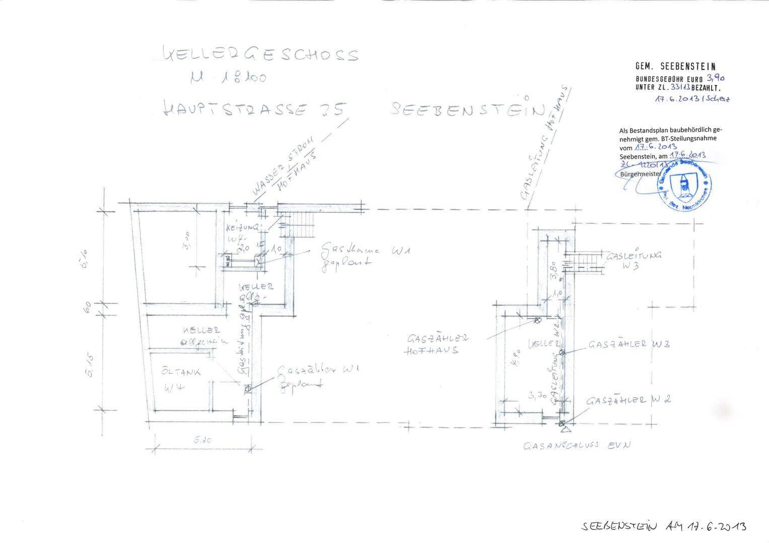 Grundriss des Kellergeschosses mit verschiedenen Kellerräumen und Anschlüssen.