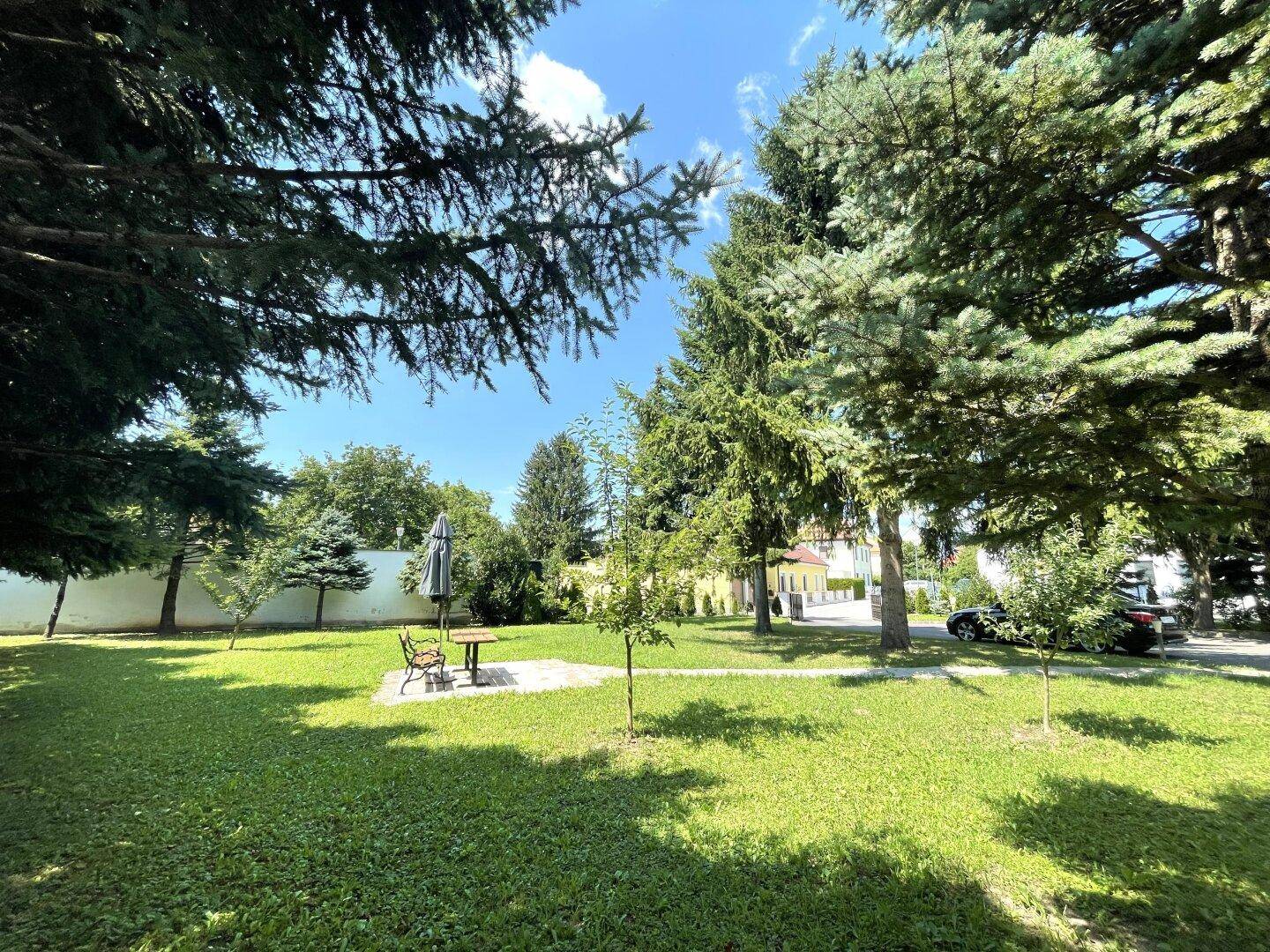 Großer, gepflegter Garten mit Rasenfläche, Bäumen und einer kleinen Sitzgelegenheit im Freien.