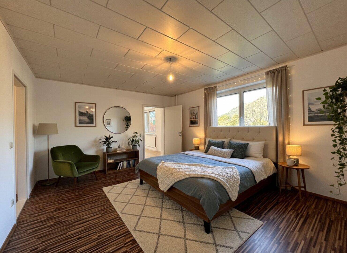 Gemütliches Schlafzimmer mit Doppelbett, Holzboden und Blick ins Grüne.