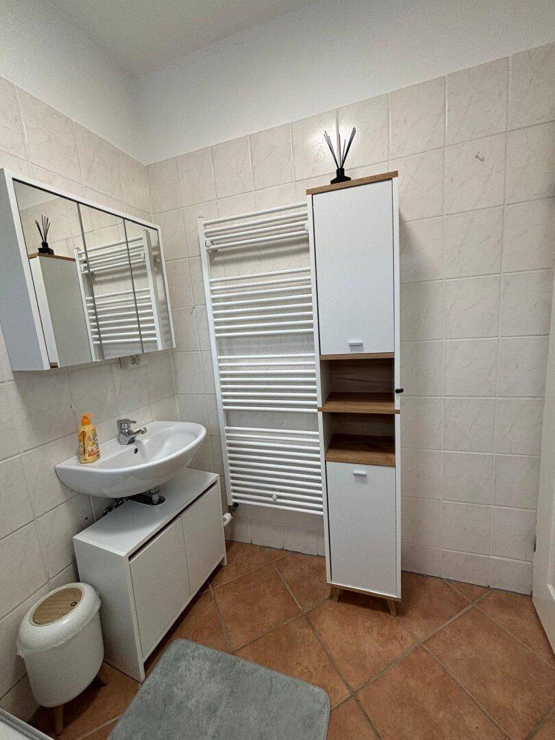 Badezimmer mit Waschbecken, Spiegelschrank und beheiztem Handtuchhalter.