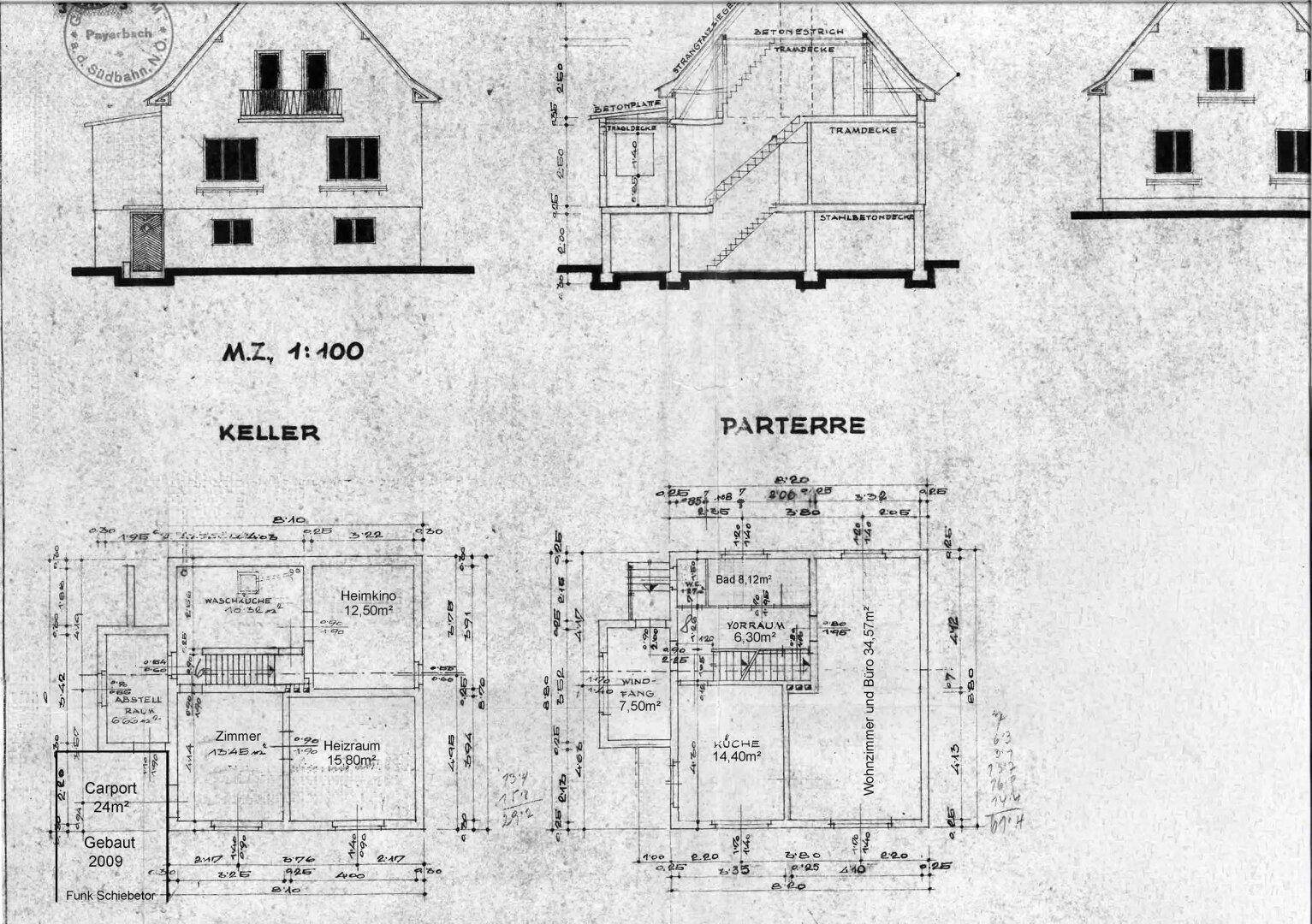 Grundriss des Kellers und Erdgeschosses mit Zimmern und Heizraum.