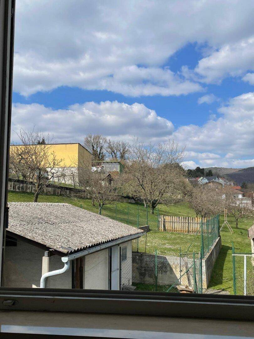 Blick aus dem Fenster auf den Garten mit Obstbäumen und ländlicher Umgebung.