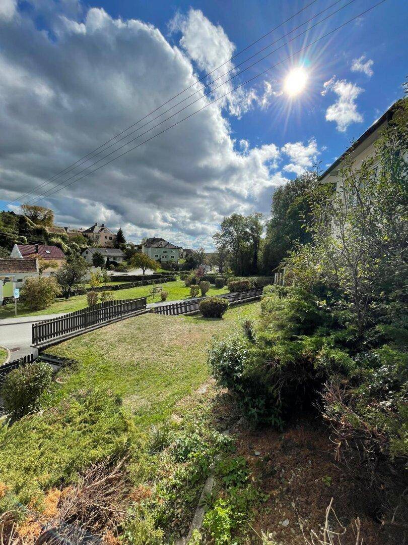 Weitläufiger Gartenbereich mit Rasenflächen und Bäumen unter sonnigem Himmel.