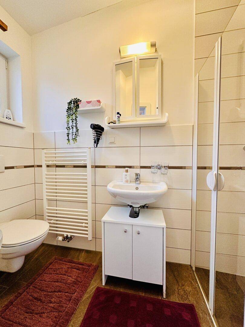 Modernes Badezimmer mit Duschkabine, WC, Waschbecken und beheiztem Handtuchhalter.