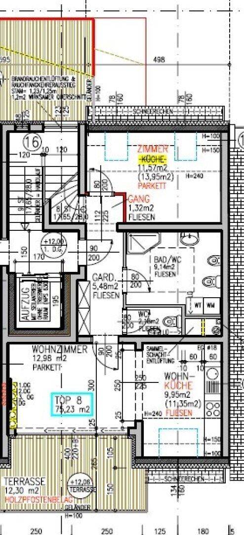 Grundrissplan einer Wohnung mit Wohnzimmer, Küche, Terrasse und Aufzug.
