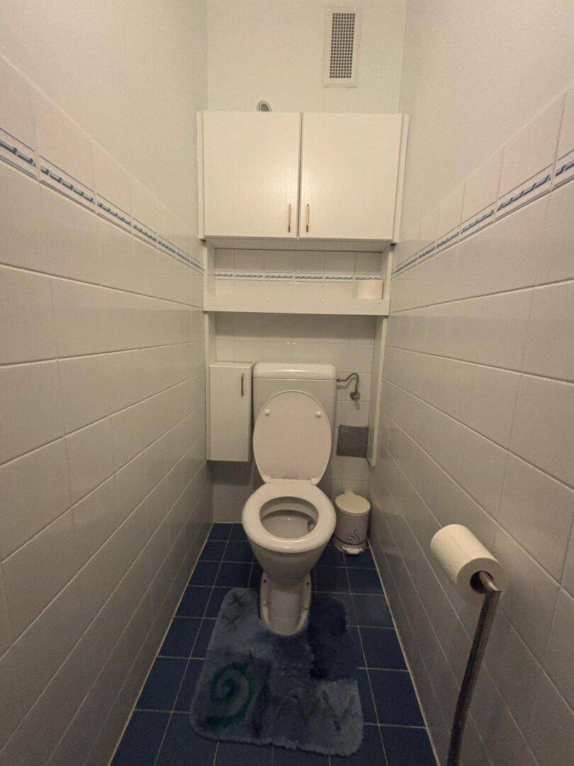 Separate Toilette mit blauen Bodenfliesen, weißen Wandfliesen und Hängeschränken.