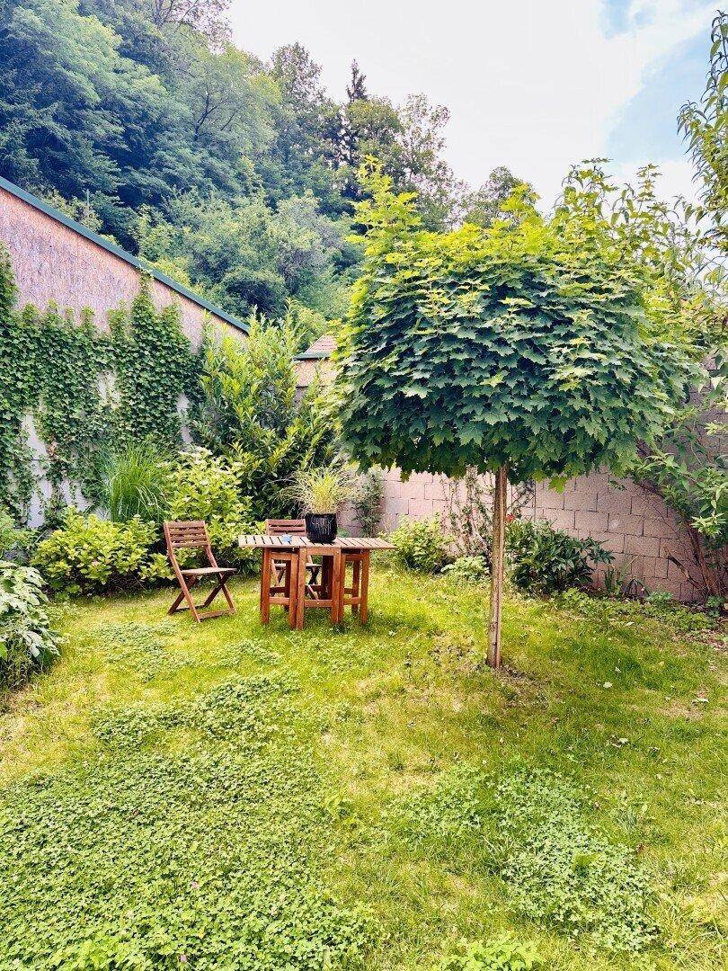 Kleiner, grüner Garten mit Baum, Rasenfläche und rustikalen Holzmöbeln für entspannte Stunden.
