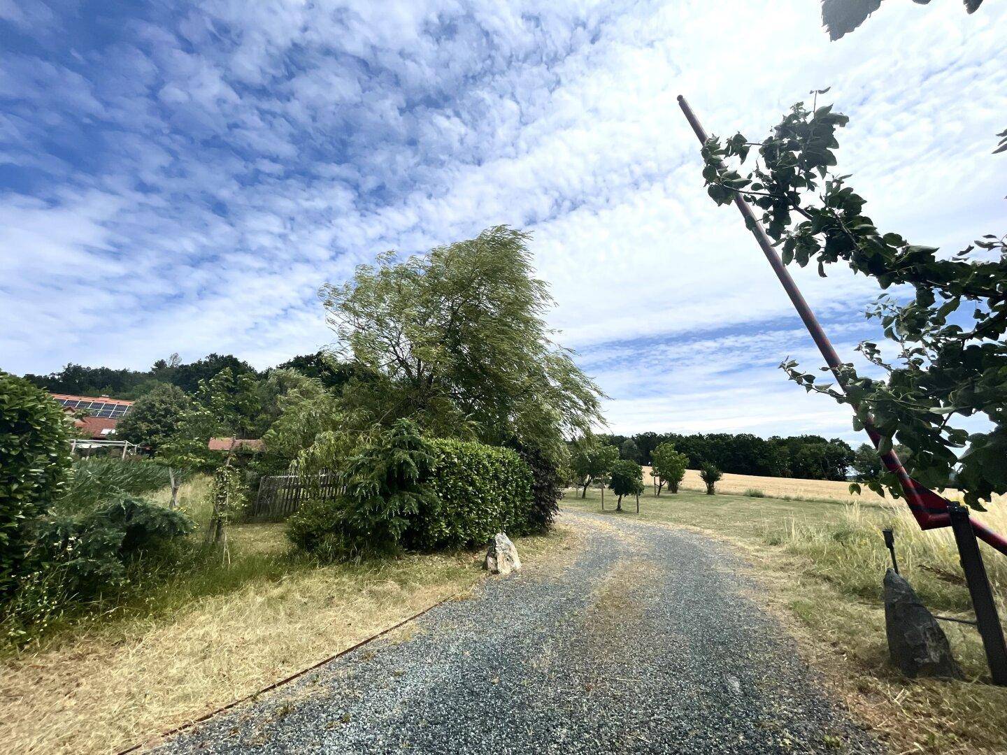 Ländliche Auffahrt mit Schotterweg, umgeben von Feldern und Bäumen unter blauem Himmel.