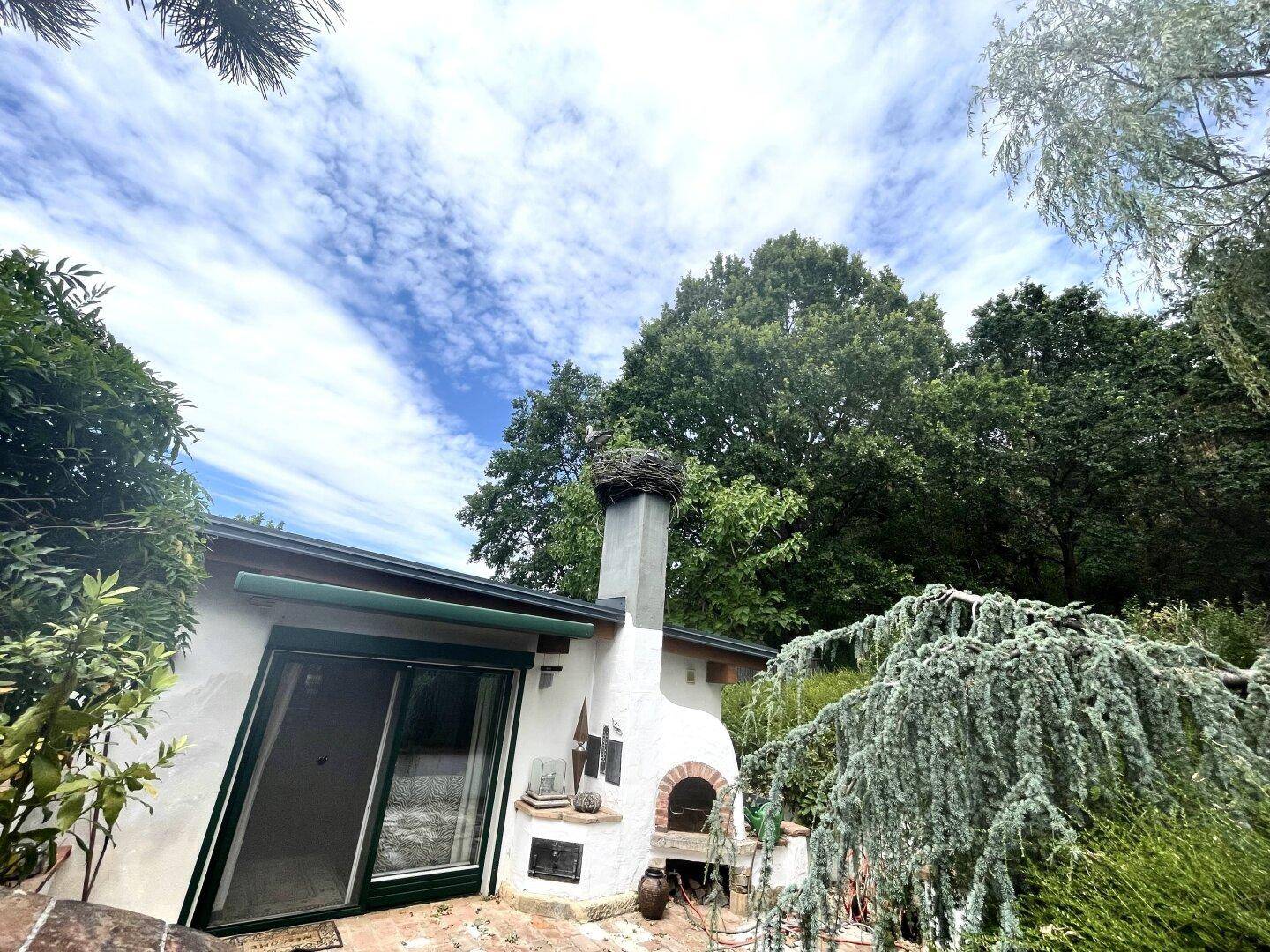 Außenansicht eines Hauses mit Terrasse, Außenkamin und grünen Rollläden, umgeben von Bäumen.