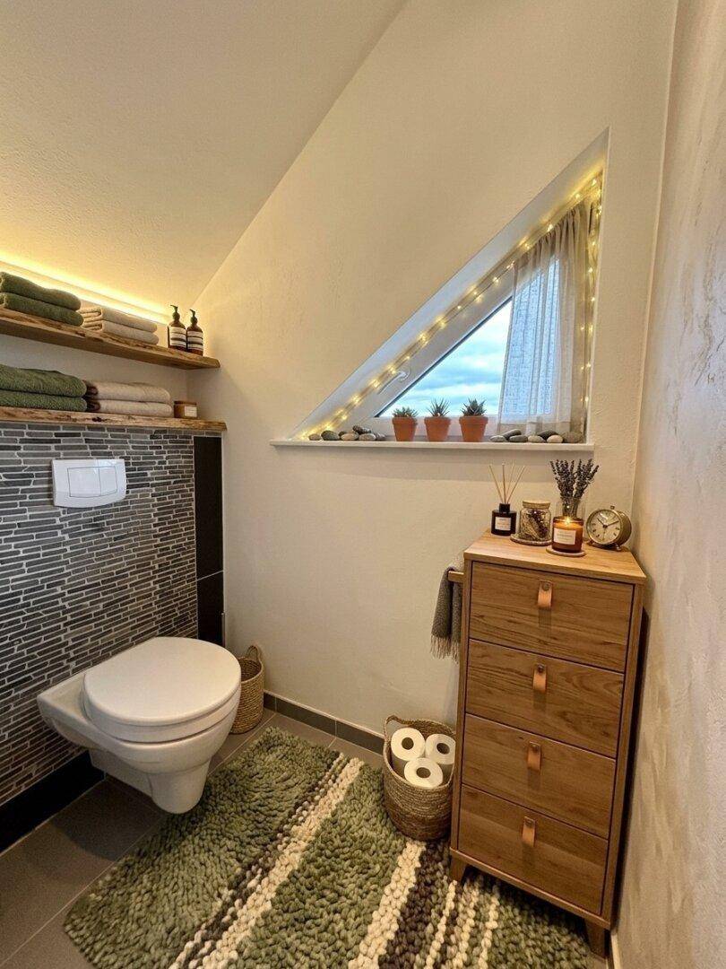 Modernes Gäste-WC mit Wand-WC, dreieckigem Fenster und Holzmöbeln.