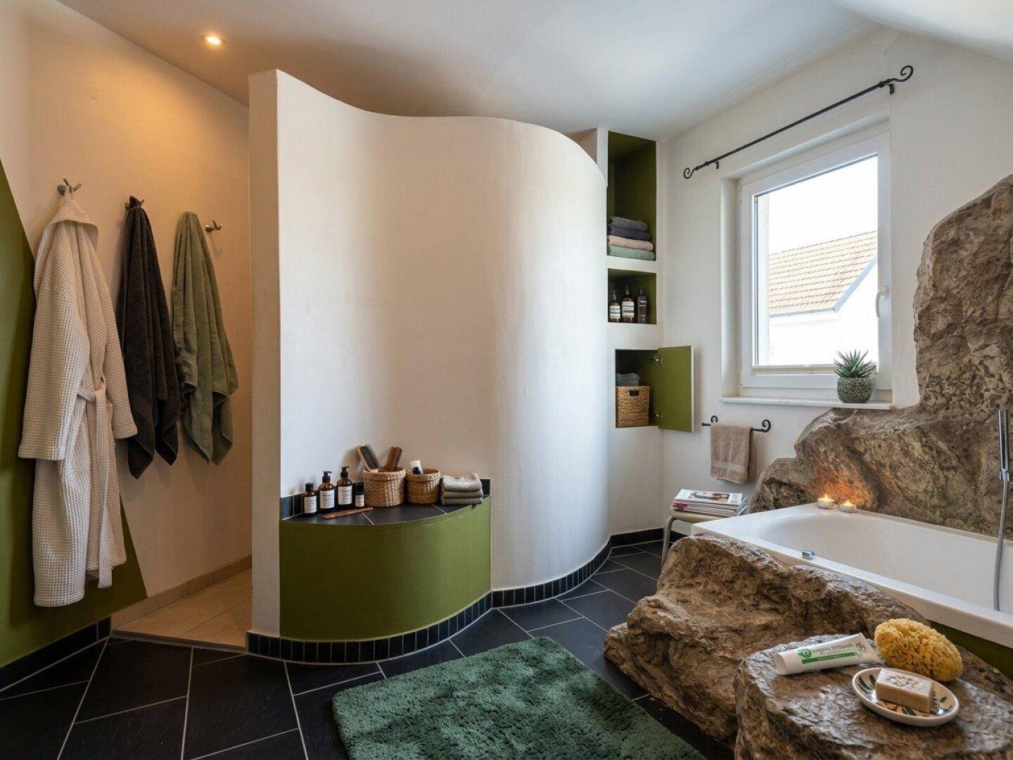 Geräumiges Badezimmer mit Dusche, Whirlpool und Fenster.