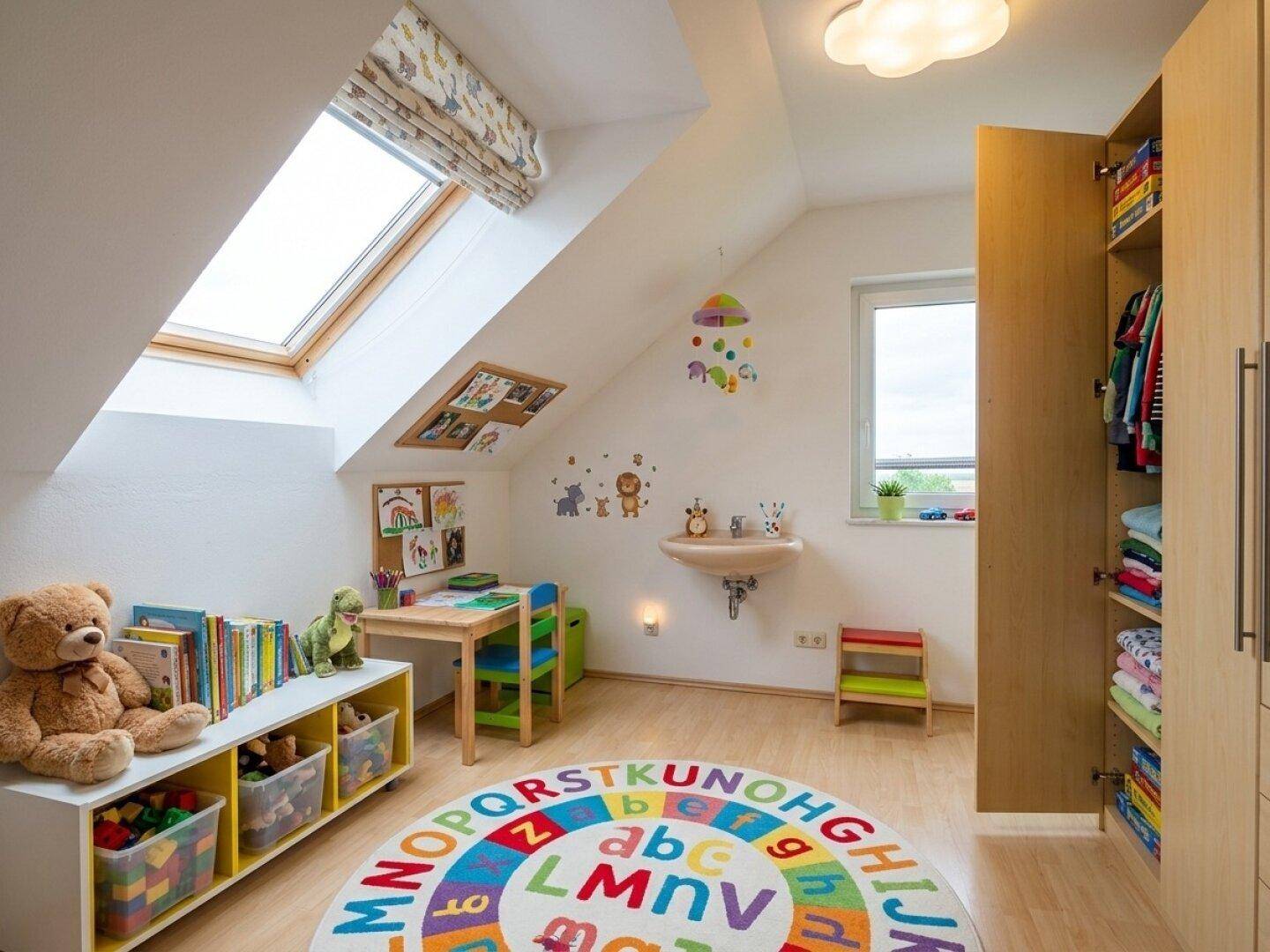Helles Kinderzimmer im Dachgeschoss mit Spielbereich, Schreibtisch und Dachfenstern.