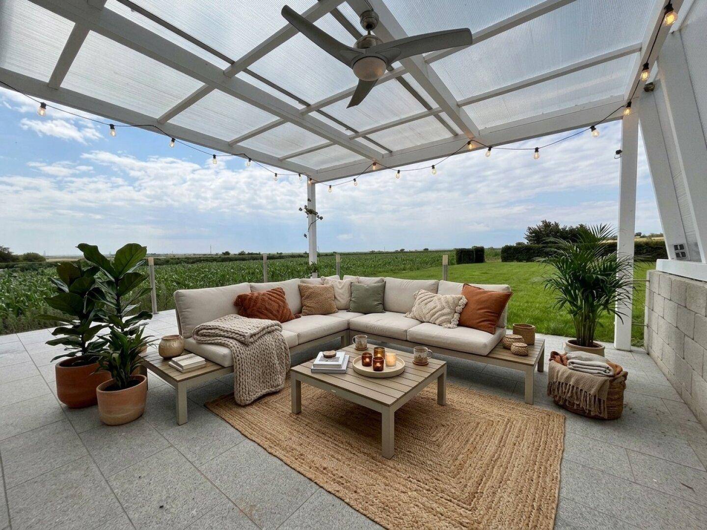 Gemütliche überdachte Terrasse mit Loungemöbeln, Deckenventilator und weitem Blick ins Grüne.
