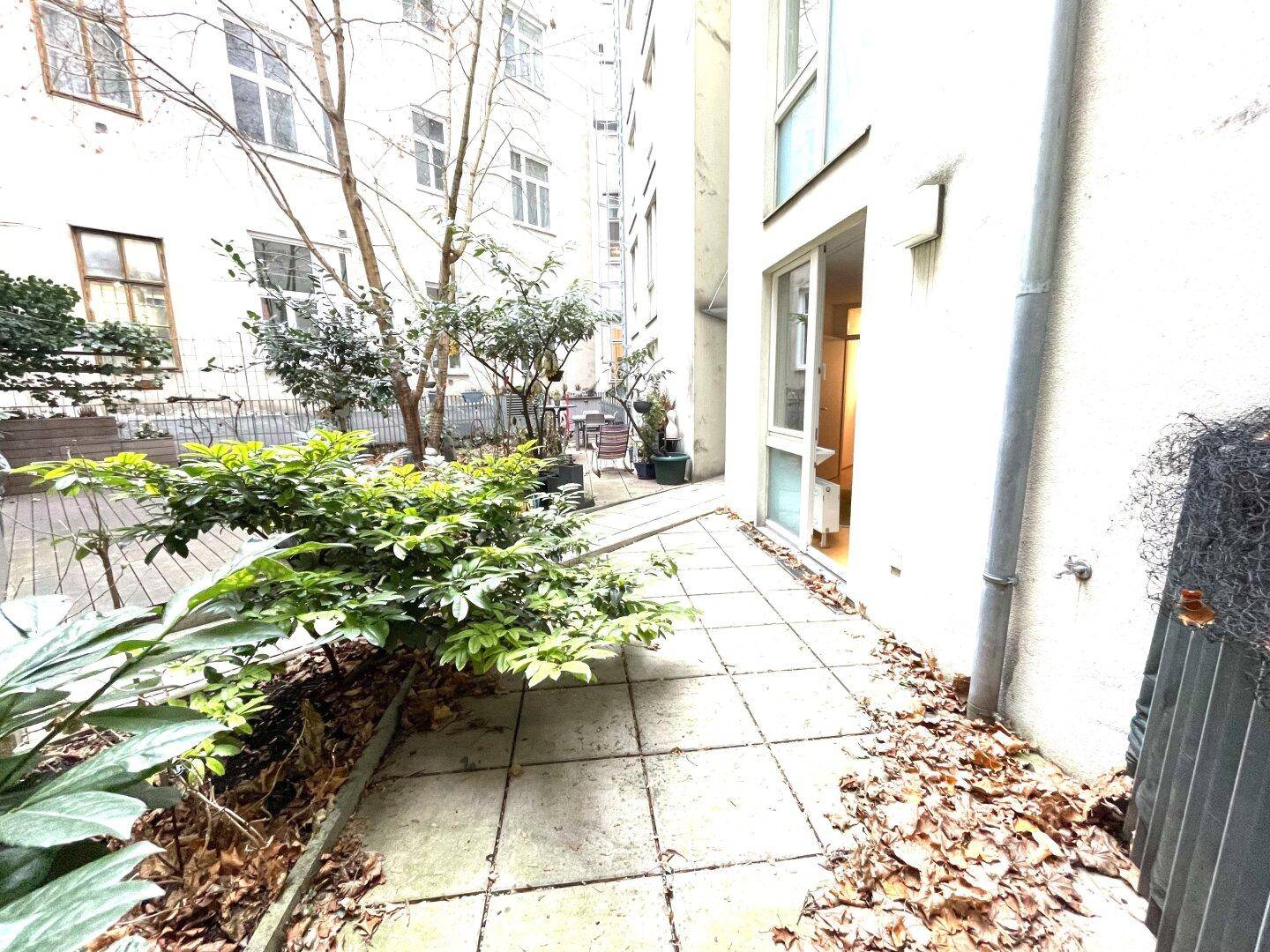 Ruhige gepflasterte Terrasse mit Pflanzen und Zugang zu einem Innenhofbereich.