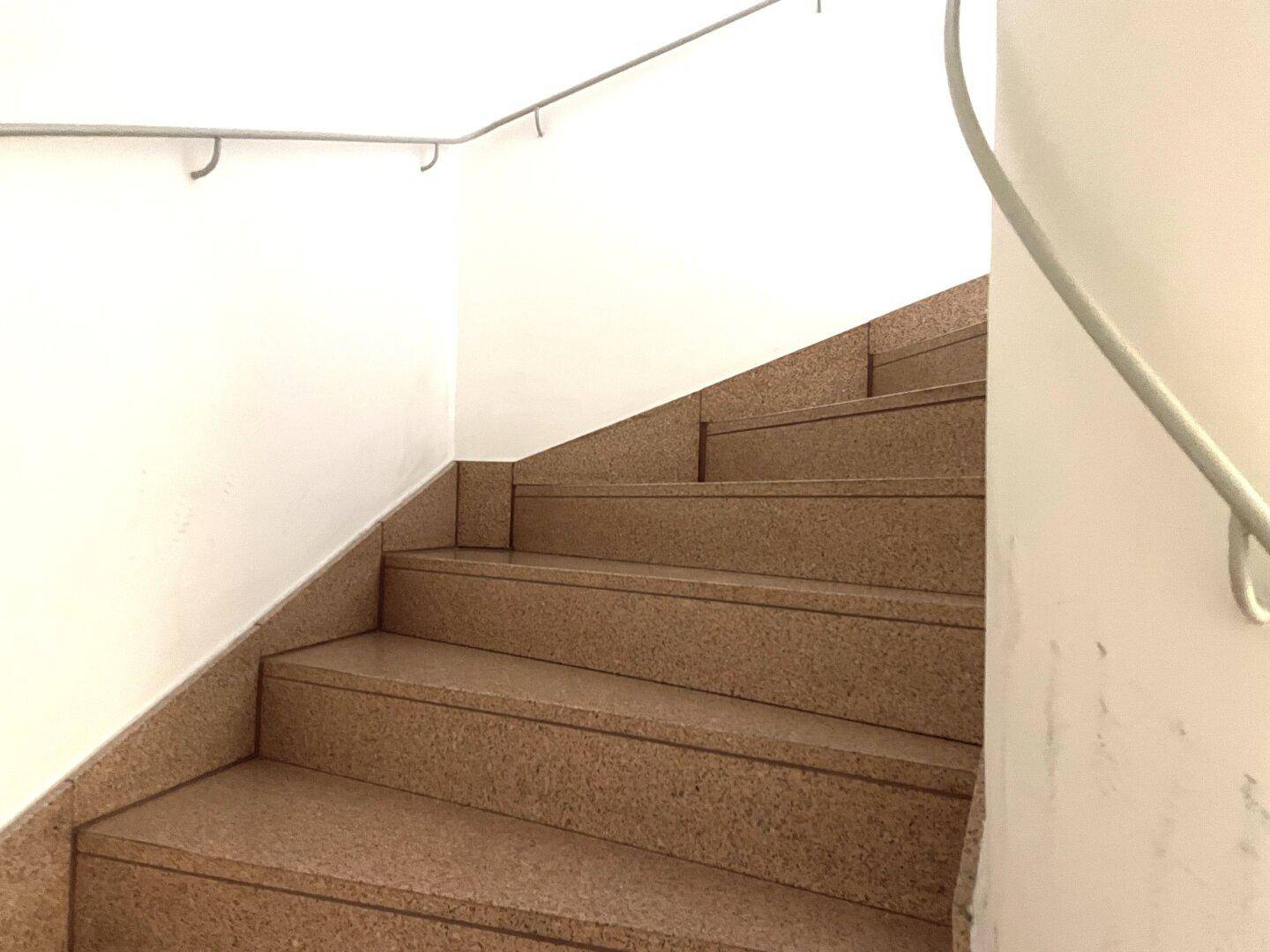 Treppenhaus mit robusten Steinstufen und einem schlichten Handlauf.