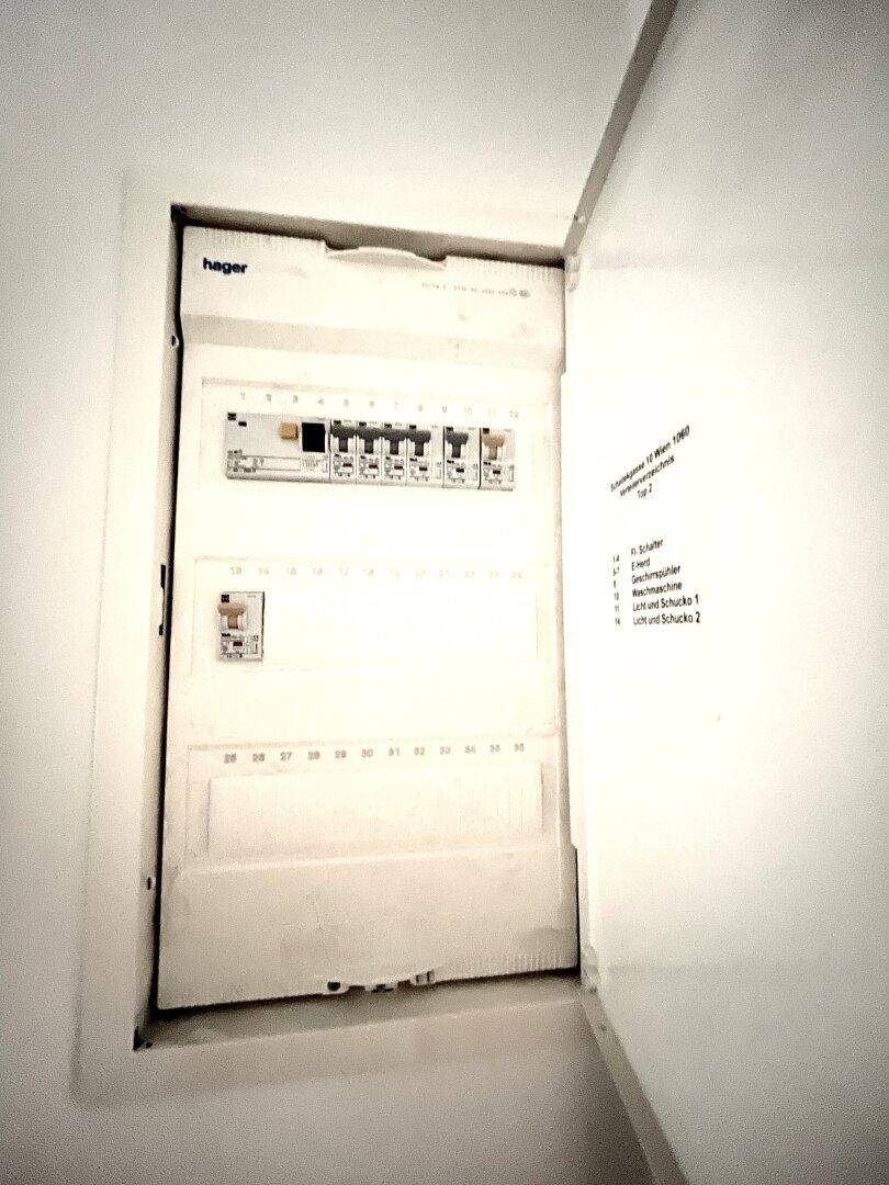 Elektrischer Sicherungskasten mit Beschriftungen und Schaltern für die Stromversorgung.