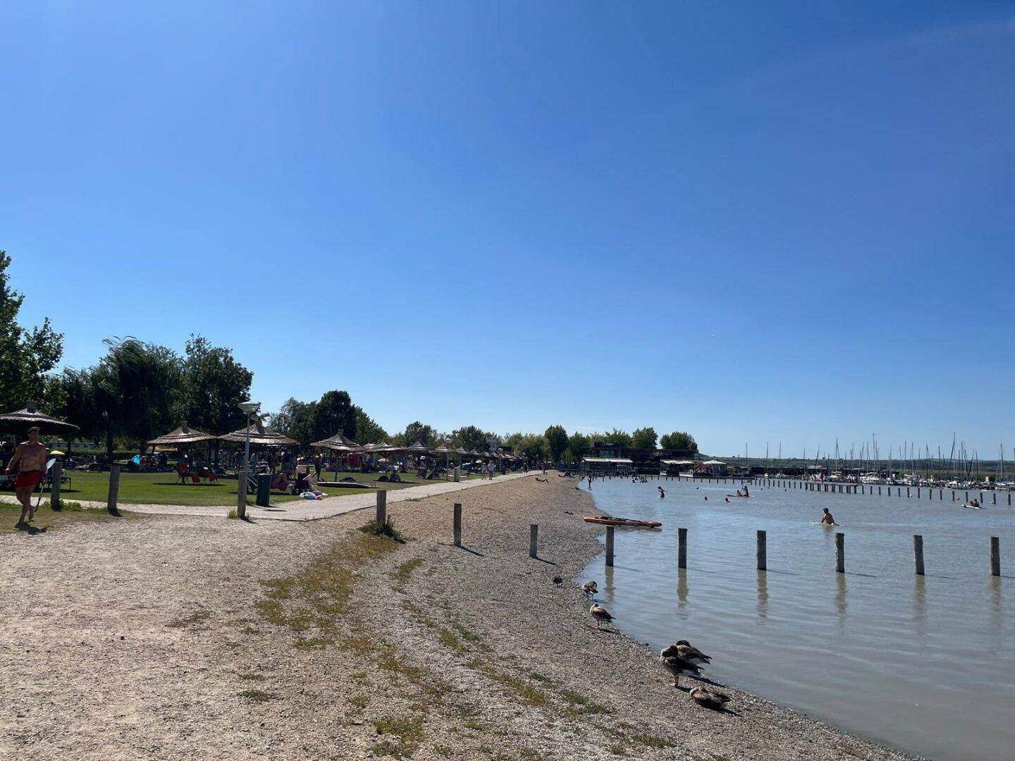 Weitläufiger Strand mit Sonnenschirmen, Badegästen und einem Yachthafen am Seeufer.