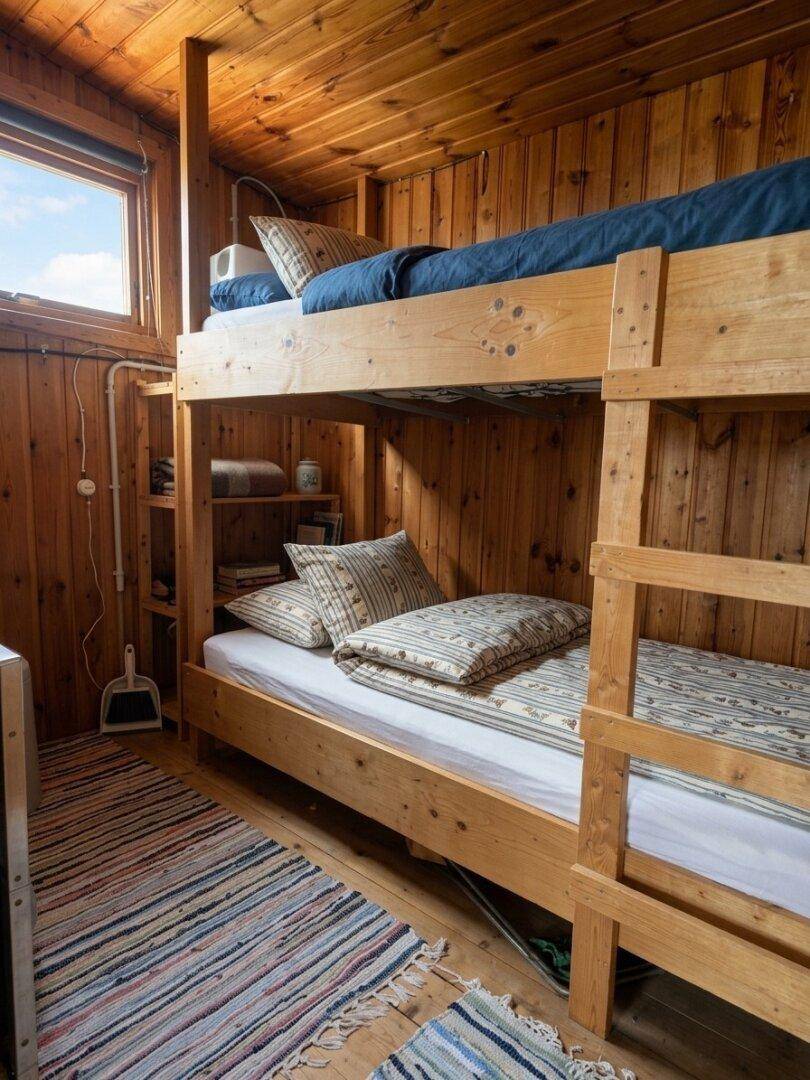 Schlafzimmer mit Etagenbetten und holzvertäfelten Wänden, ideal für Gäste oder Kinder.