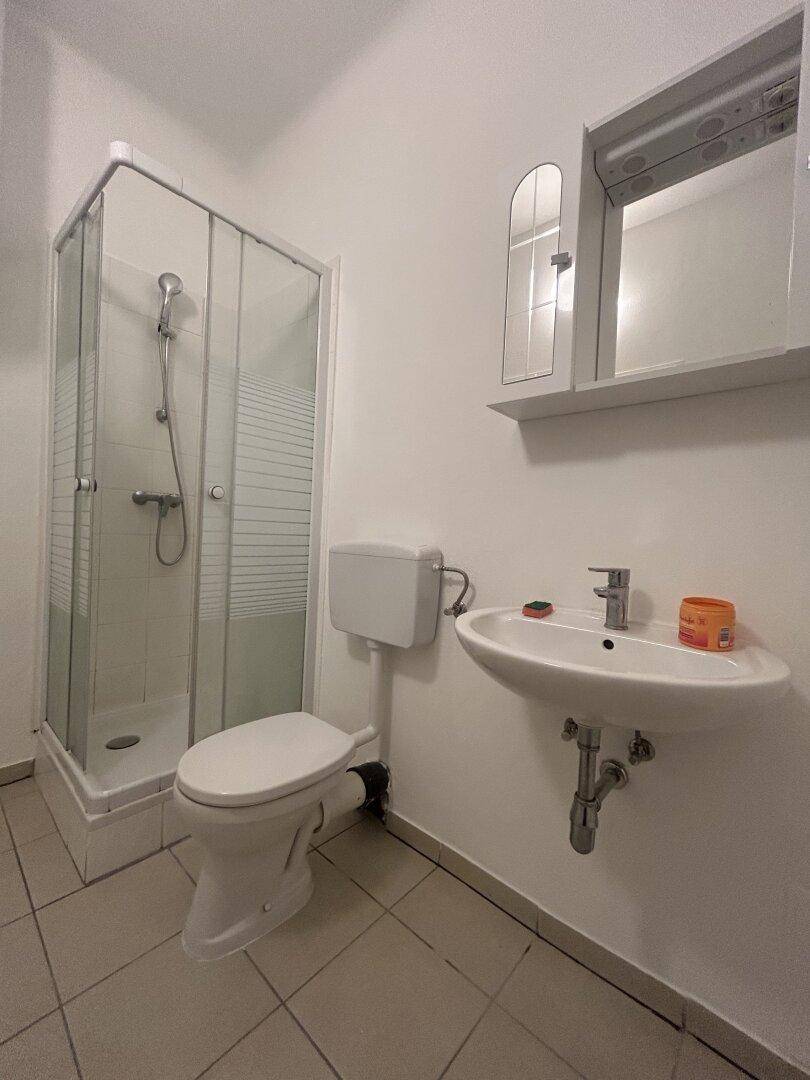 Helles Badezimmer mit Duschkabine, WC und Waschbecken, ausgestattet mit einem Spiegelschrank.
