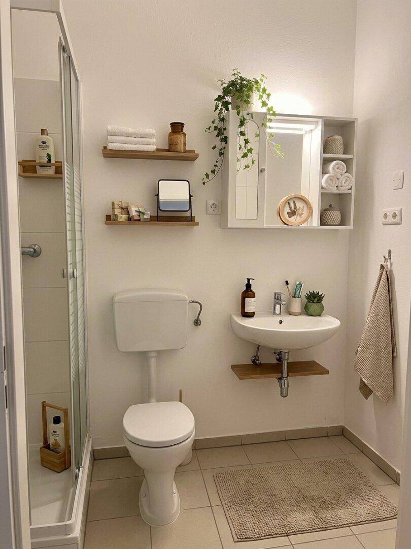 Modernes Badezimmer mit Dusche, WC, Waschbecken und Spiegelschrank, hell und funktional.