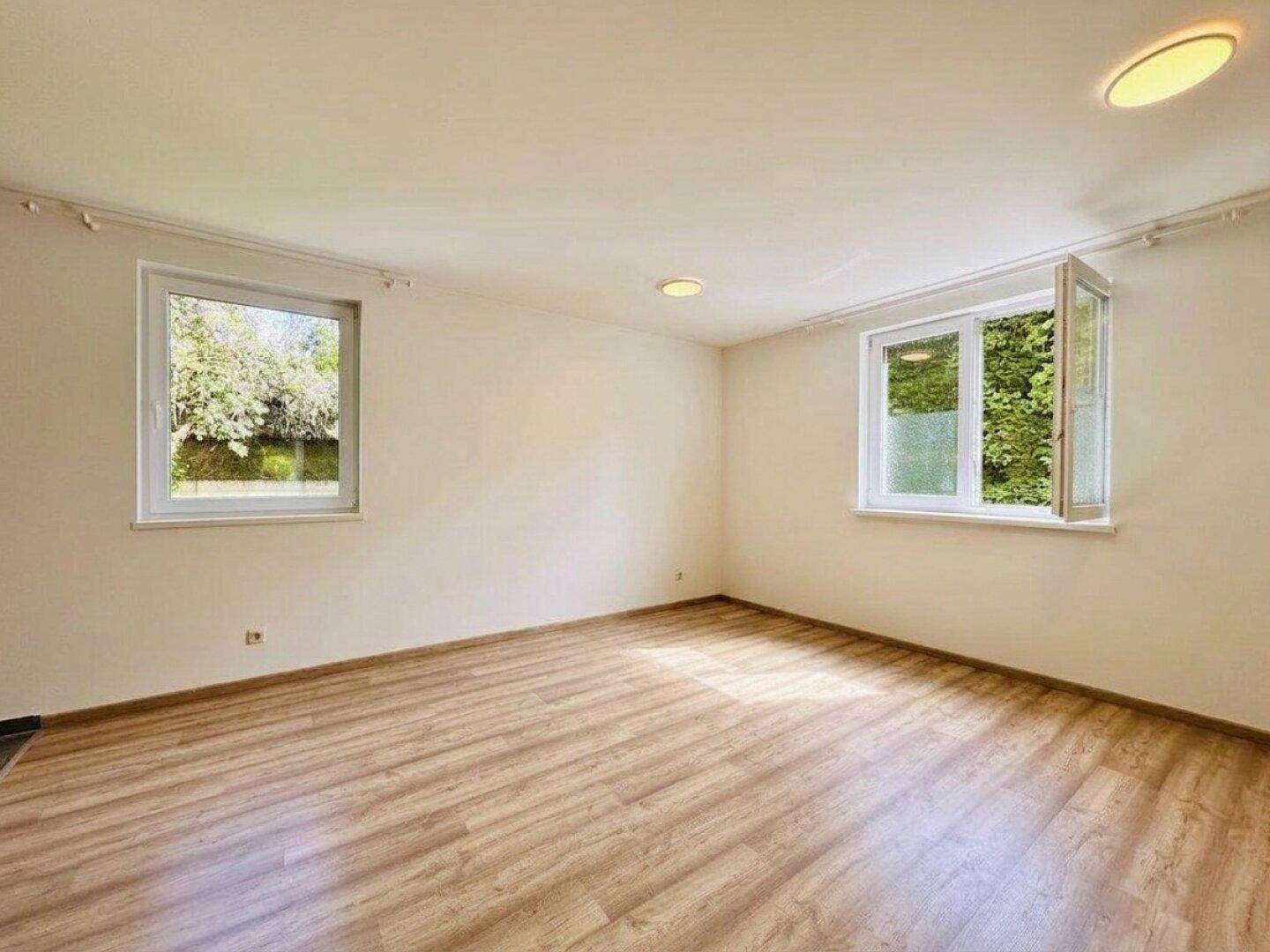 Heller Wohnraum mit zwei Fenstern, Laminatboden und viel Tageslicht.