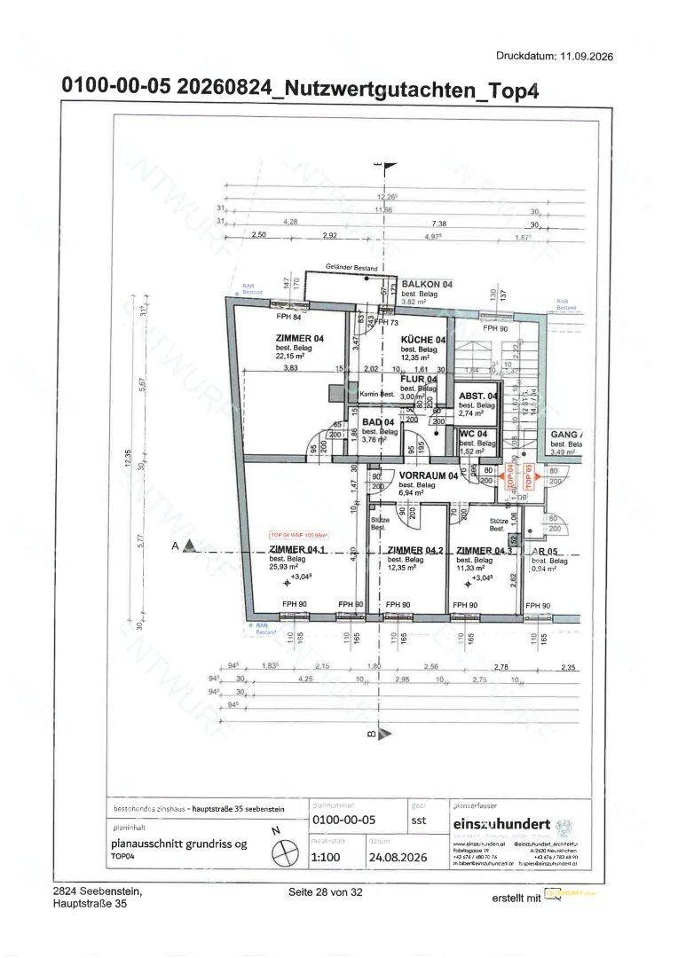 Detaillierter Grundrissplan mit Raumaufteilung und Bemaßungen der Immobilie.