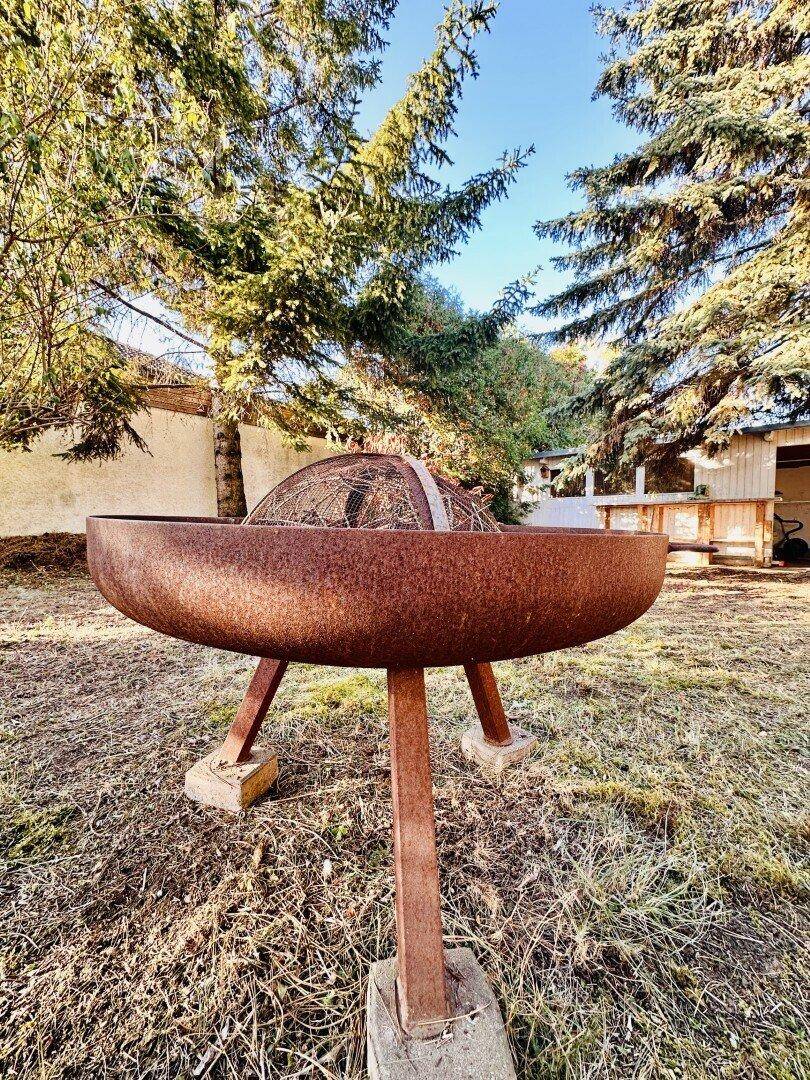 Rustikale Feuerstelle im Garten, umgeben von Bäumen und Gras.
