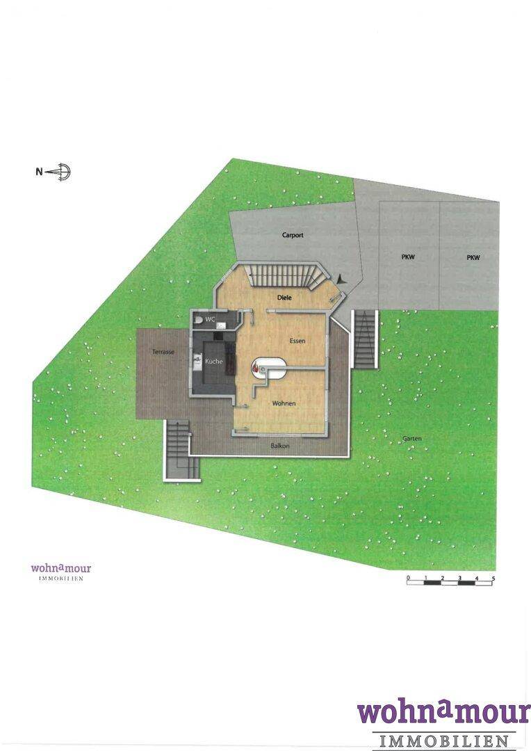 Grundriss des Erdgeschosses mit Wohn-, Essbereich, Küche, WC und Carport.