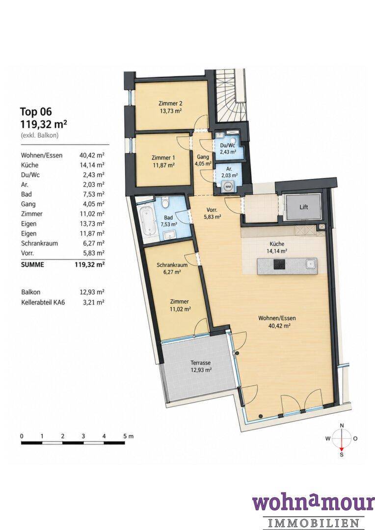Detaillierter Grundriss der Wohnung Top 06 mit 119,32 m² Wohnfläche und Balkon.