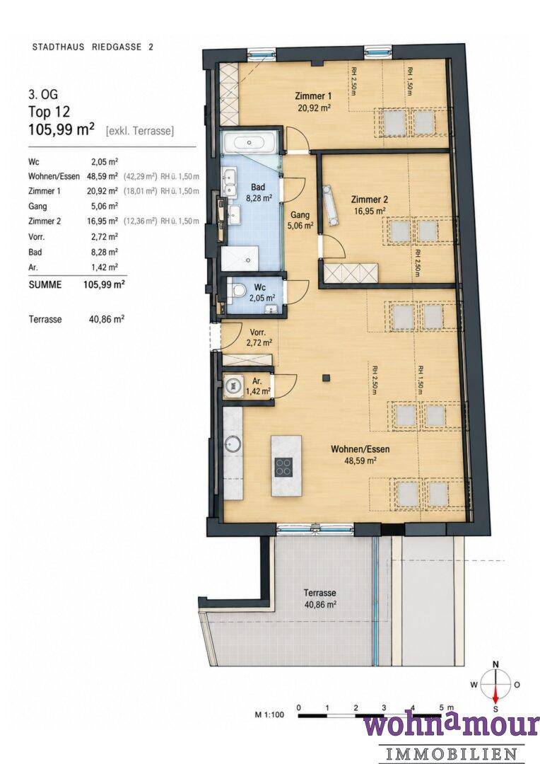 Detaillierter Grundriss der Wohnung mit drei Zimmern, offenem Wohnbereich und großer Terrasse.