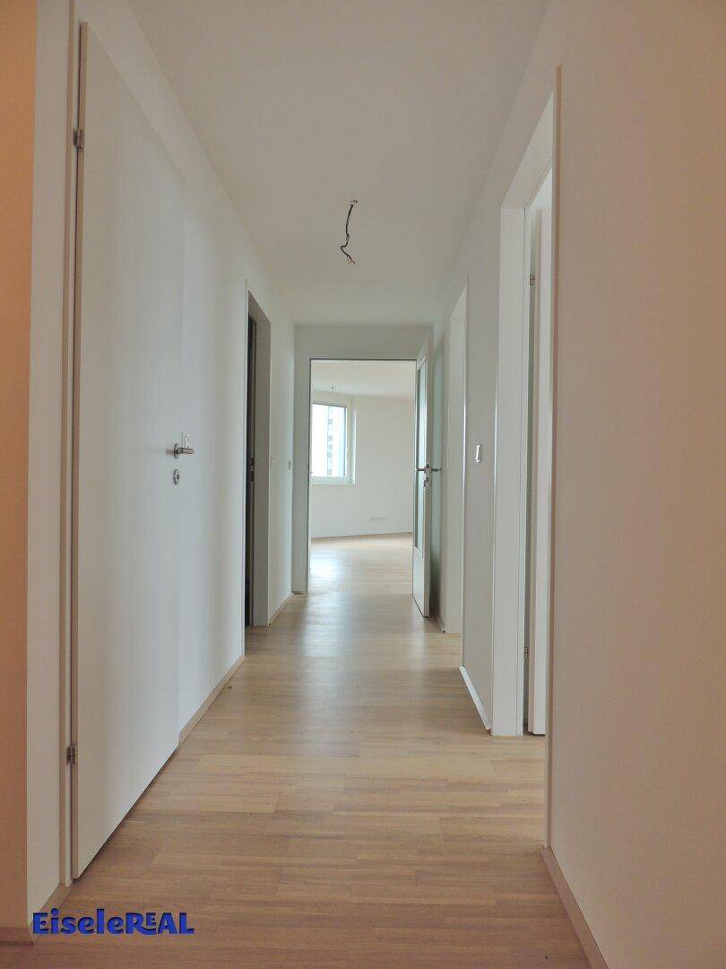 Langer, heller Flur mit Holzboden und mehreren Türen, der eine offene Atmosphäre schafft.