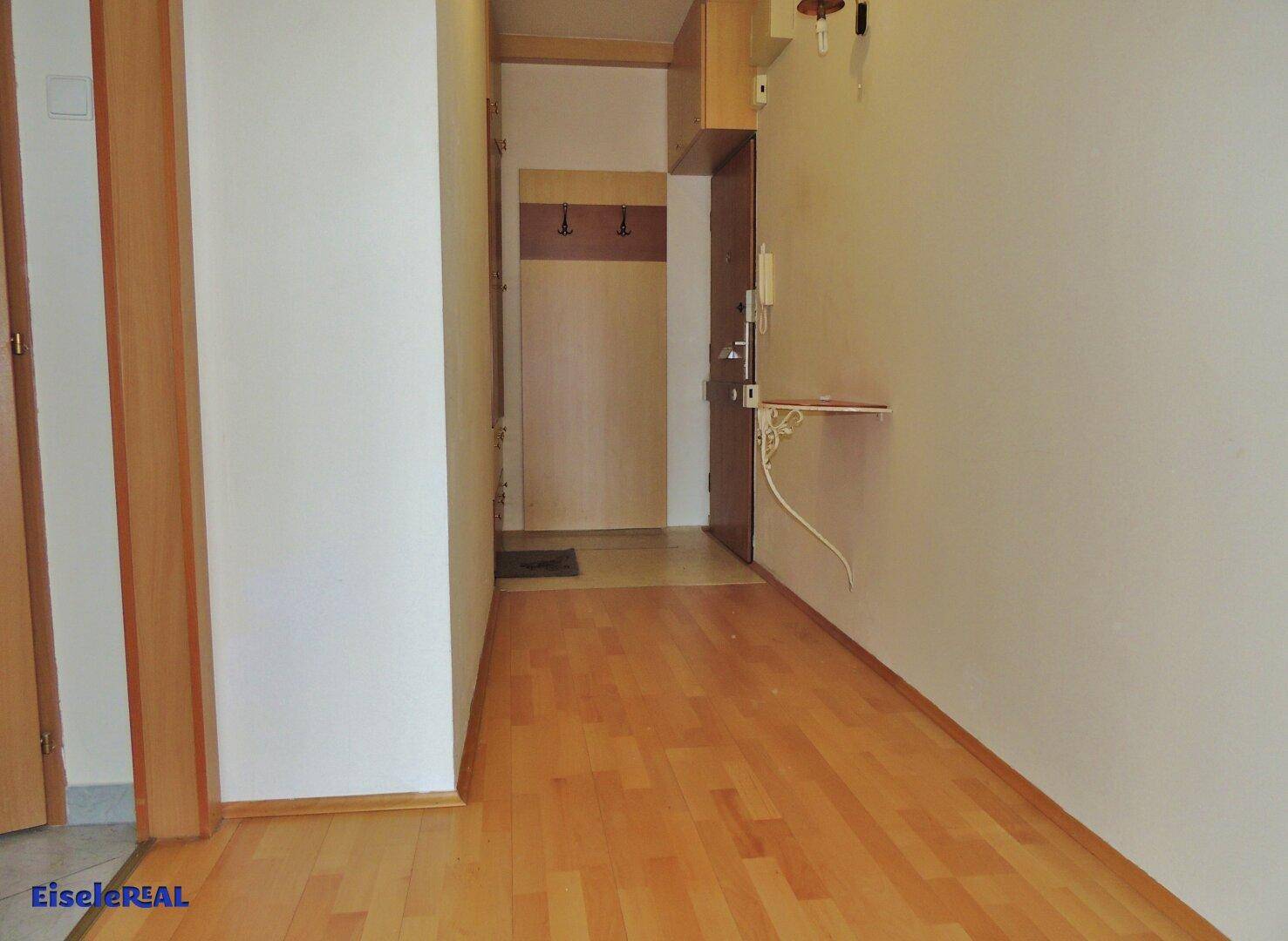 Flur mit Parkettboden, Garderobe und Zugang zu verschiedenen Zimmern.