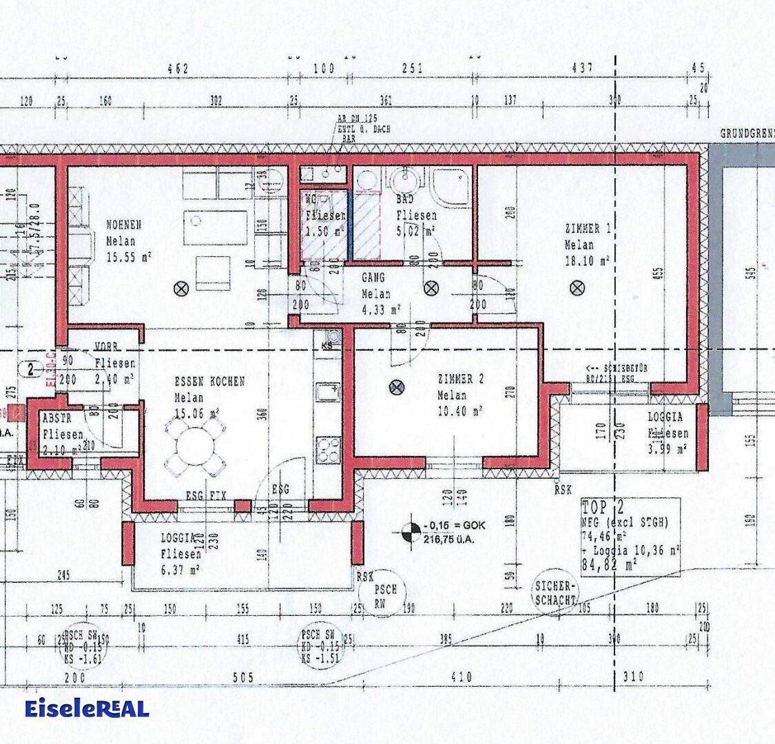 Grundriss einer Wohnung mit zwei Schlafzimmern, offenem Wohn-Essbereich und zwei Loggien.