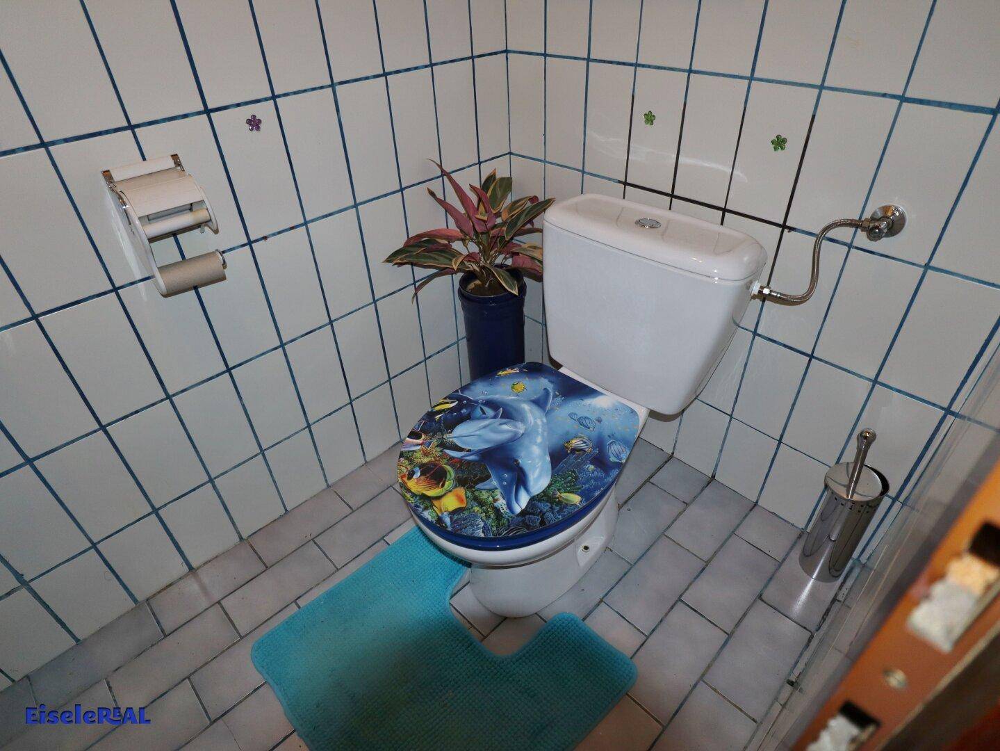 Separate Toilette mit blauen Fliesen und einem dekorativen Toilettensitz.