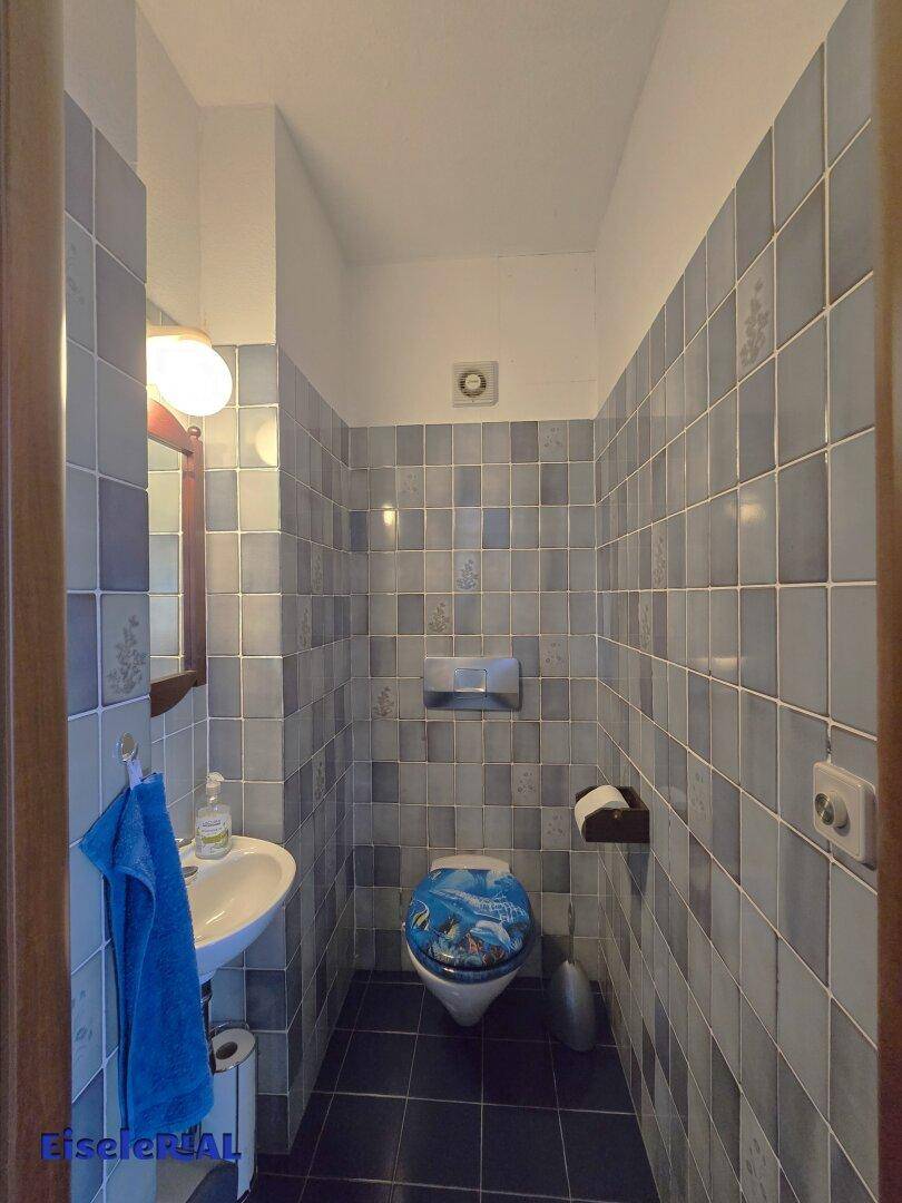 Kleines Gäste-WC mit blauen Fliesen, Waschbecken und Spiegel.