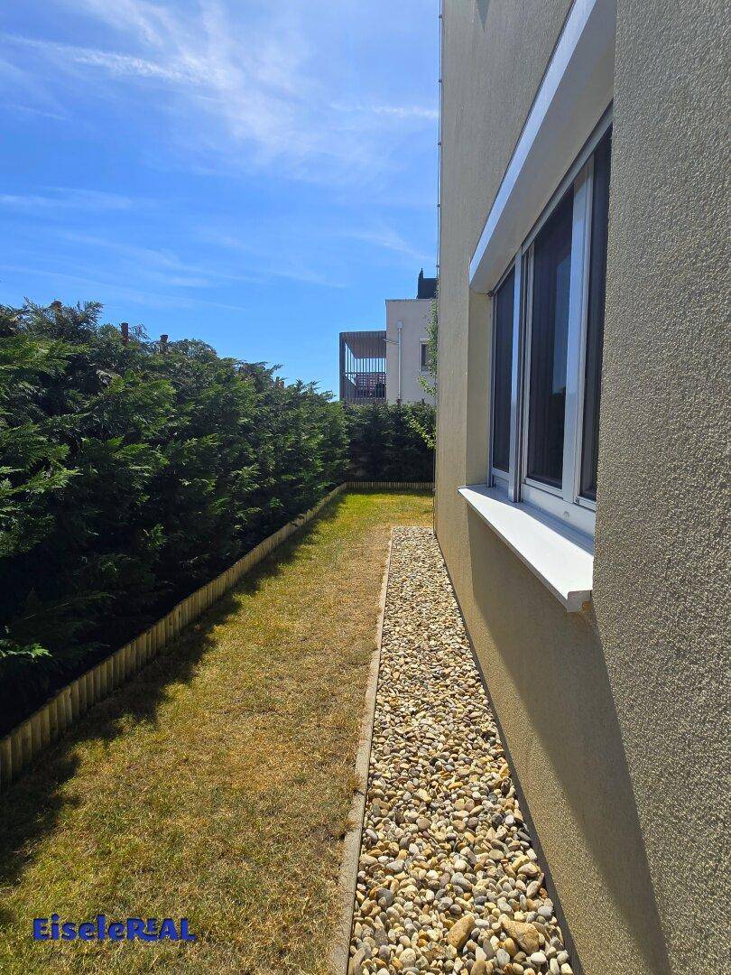 Schmaler Gartenstreifen entlang der Hauswand mit Kiesbett und hoher Hecke für Privatsphäre unter blauem Himmel.