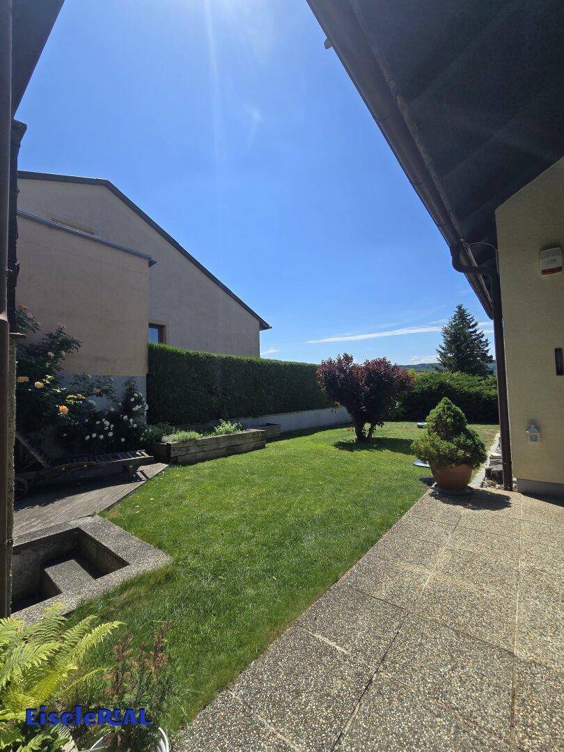 Sonniger Gartenbereich mit gepflastertem Weg, Rasenfläche und hoher Hecke im Hintergrund.