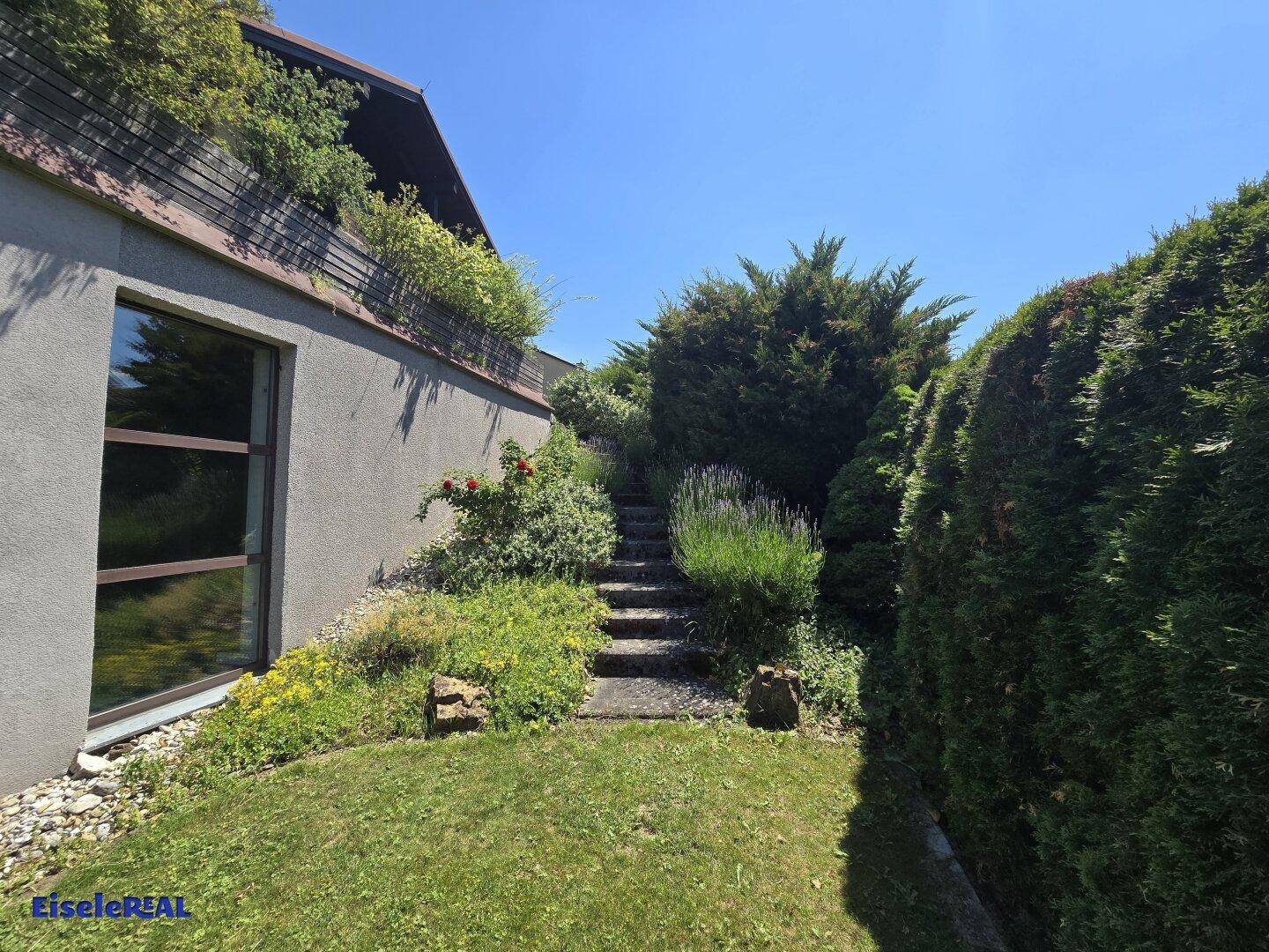 Hausfassade mit großem Fenster, umgeben von einem grünen Garten mit Steintreppe und Hecken.
