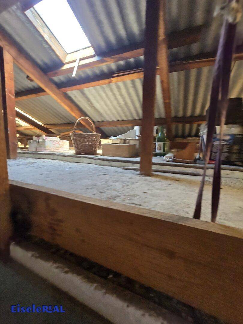 Blick in den ungenutzten Dachbodenbereich mit Holzbalken und einem Dachfenster, das Licht hereinlässt.