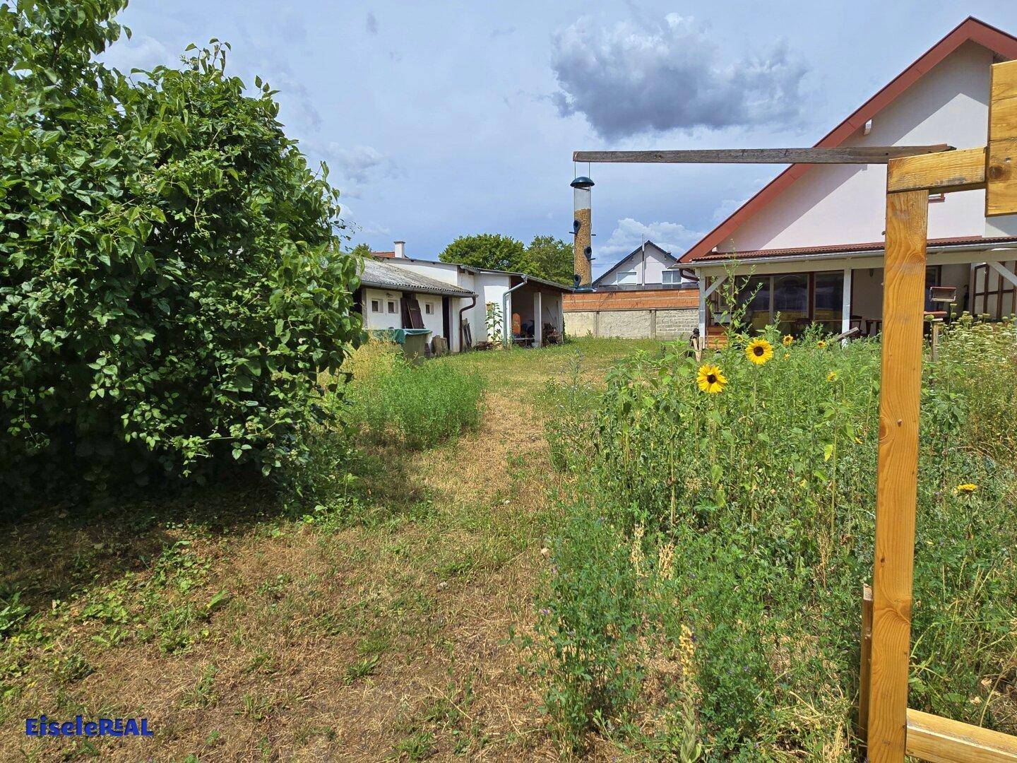 Großer Gartenbereich mit Sonnenblumen und Nebengebäuden im Hintergrund.