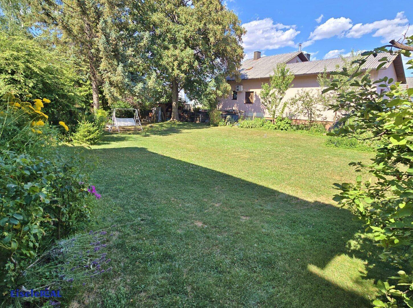 Großer, gepflegter Rasenbereich im Garten mit Bäumen und einem Haus im Hintergrund.