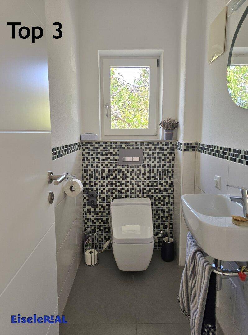Modernes Gäste-WC mit Wand-WC, Waschbecken und Mosaikfliesen an der Wand.