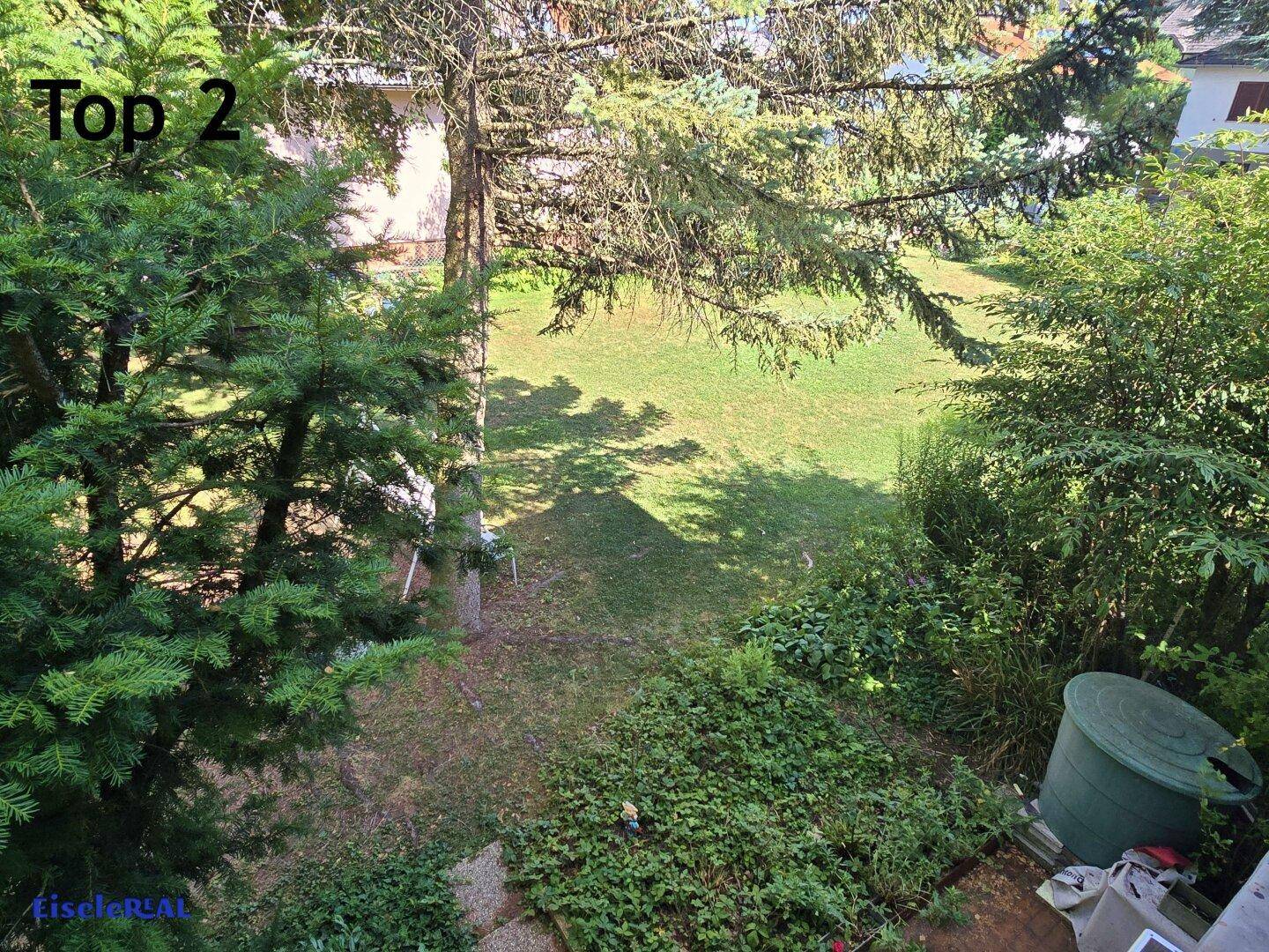 Weitläufiger Garten mit üppigem Grün, hohen Bäumen und gepflegtem Rasen.